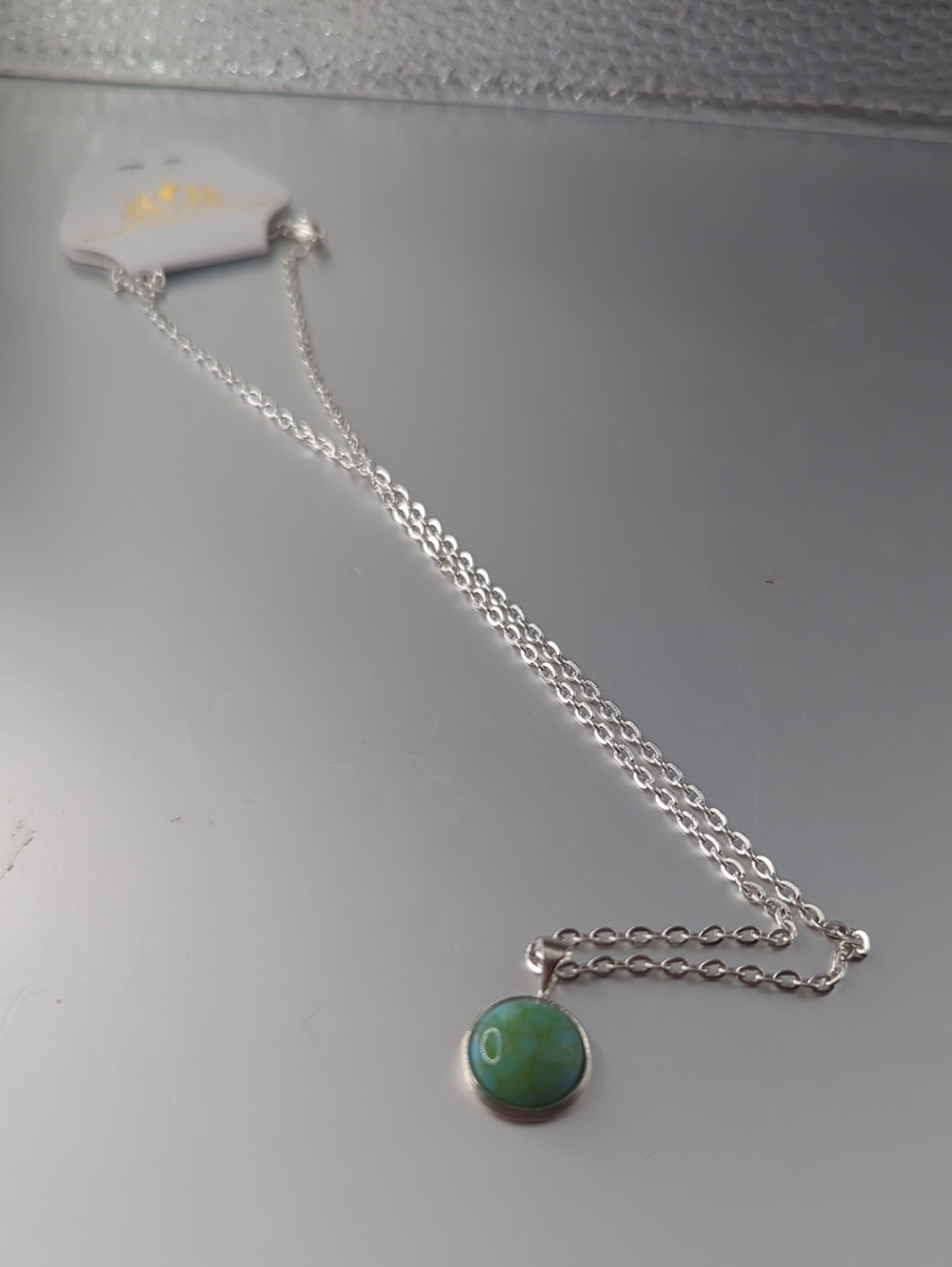 Silver Chain Necklace with Turquoise  Simulated  16 "Pendant 925